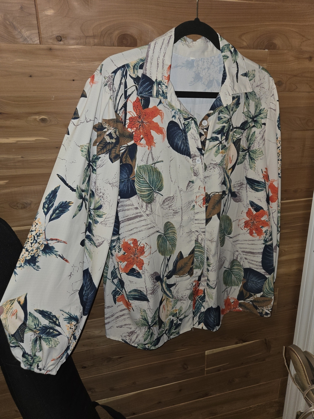 Light Ivory Tropical Print Button Up Blouse in Soft Blue & Coral Accents